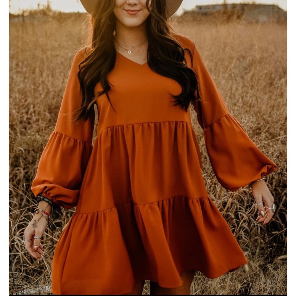 Burnt Orange / Fall Flowy Tunic Shift Dress with cinched lantern sleeves SIZE XL